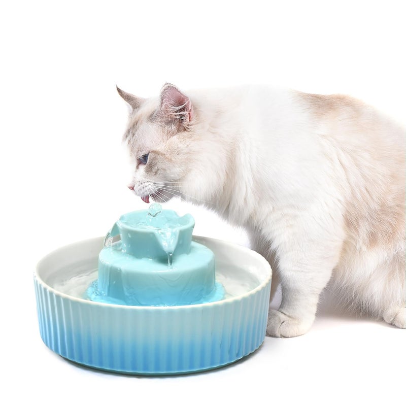 VinDox 2.1L Ceramic Cat Water Fountain-for Cats and Dogs, 360 Ceramic Pet Fountain-70 Oz Large Water Capacity - Whisper-Quiet Water Flow-Great for Shy or Timid Pets - Fresh, Filtered Water (Blue) - Image 1
